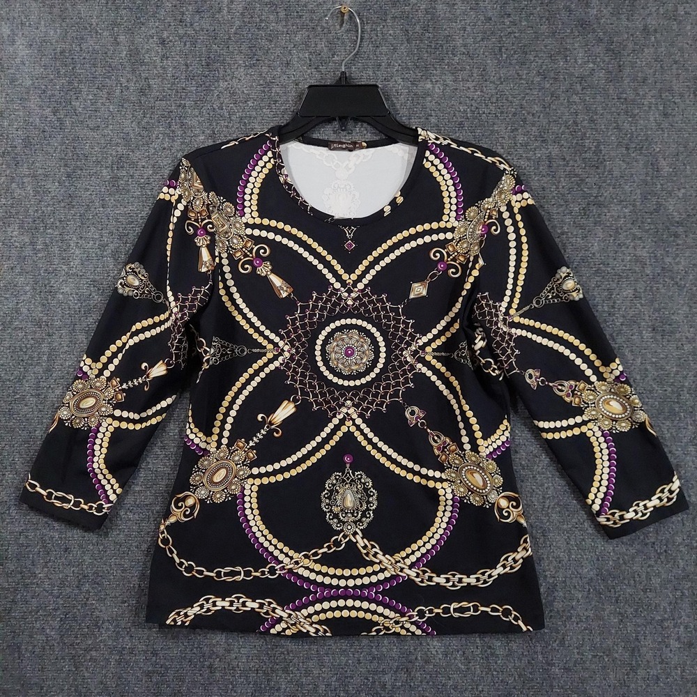 J McLaughlin Top Womens M Black Chain Baroque Print 3/4 Sleeve Stretch T Shirt